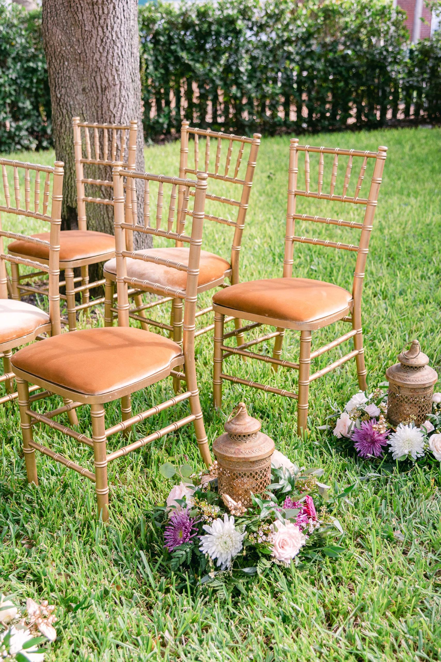 chairs outside in backyard with decorations
